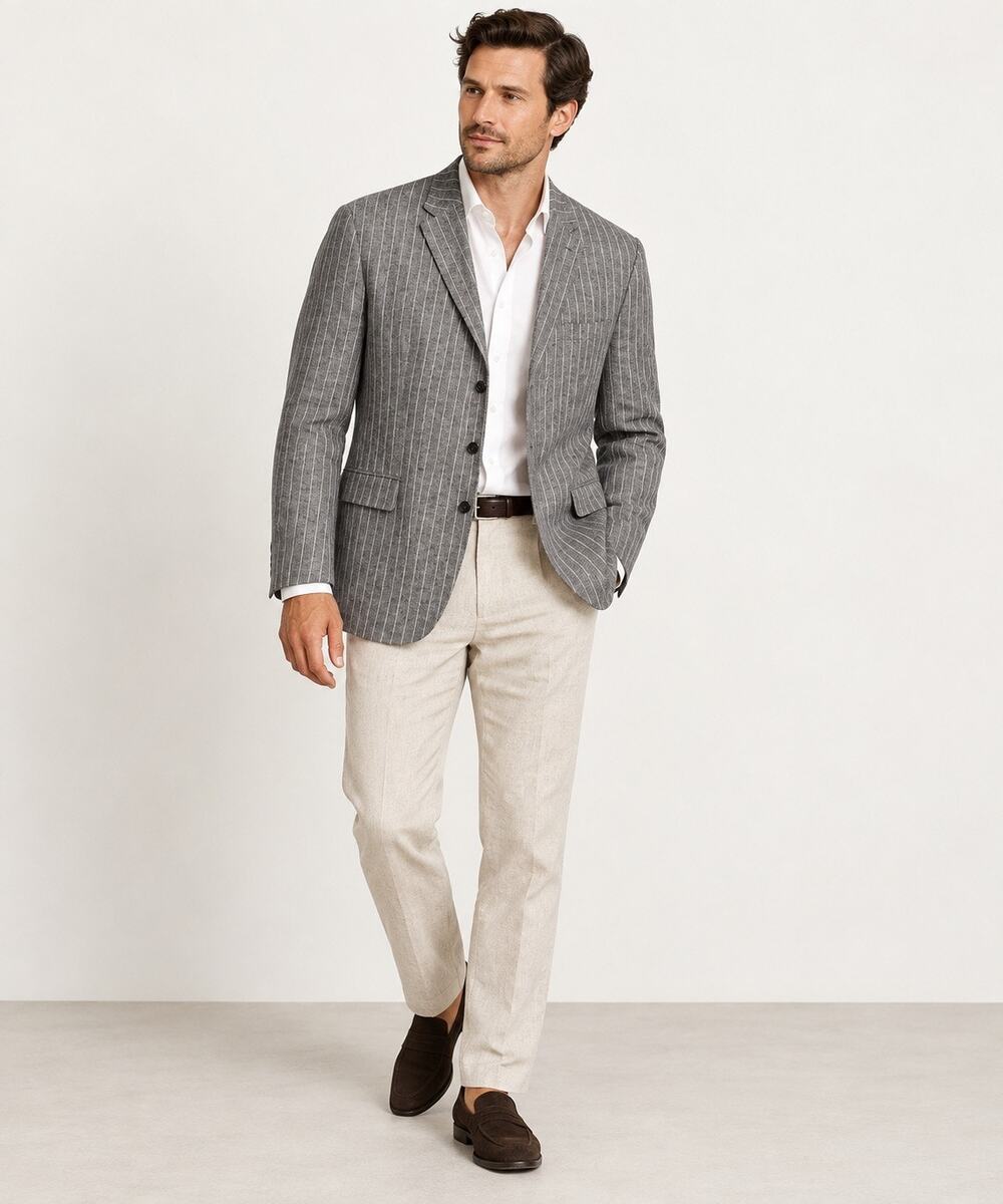 Jean John Mens 48R Linen Blend Blazer Grey Striped Classic Preppy Office Wedding